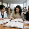 A diverse group of university students studies together in a modern, light-filled library, with one student's laptop prominently displaying the full website and colorful logo of 'Read N Write Books'.