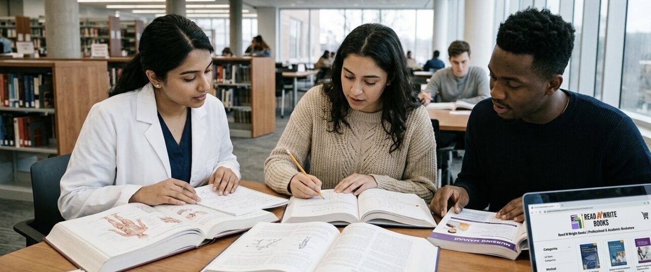 A diverse group of university students studies together in a modern, light-filled library, with one student's laptop prominently displaying the full website and colorful logo of 'Read N Write Books'.