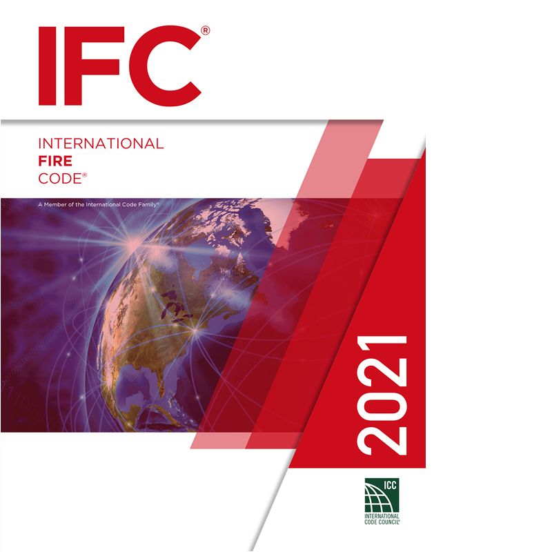 2021-International-Fire-Code-IFC Front cover of the 2021 International Fire Code (IFC) softcover book, featuring the ICC logo.