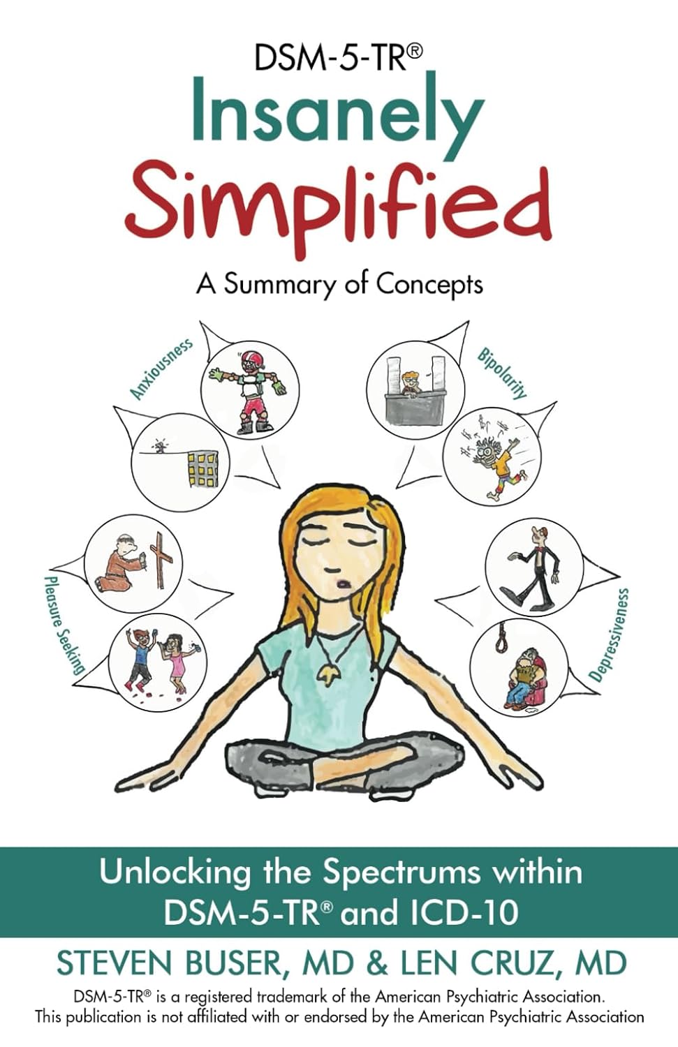 DSM-5-TR-Insanely-Simplified-Unlocking-Spectrums Front cover of DSM-5-TR Insanely Simplified by Steven Buser, MD and Leonard Cruz, MD.