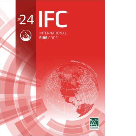 Front cover of the 2024 International Fire Code (IFC) softcover book, featuring the ICC logo and modern design.