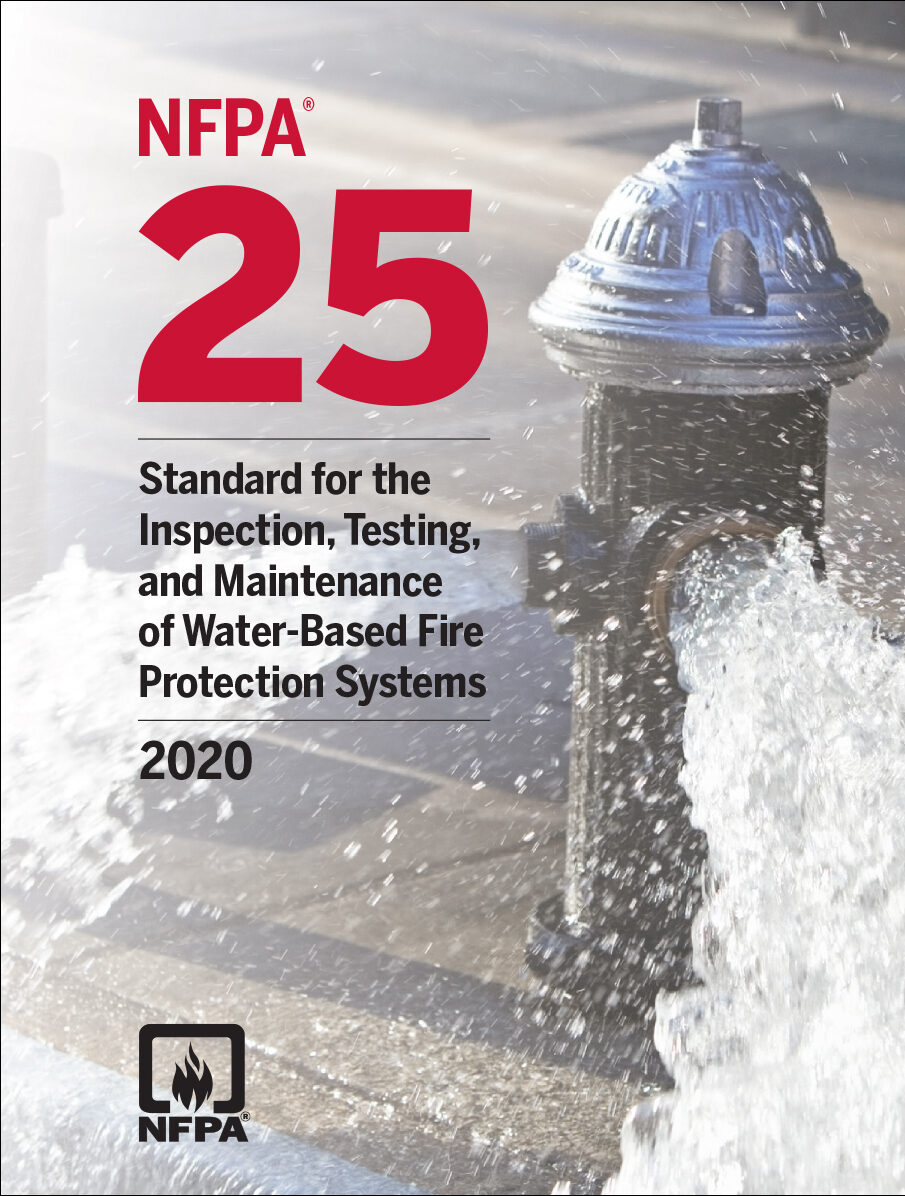 Front cover of NFPA 25 Standard for the Inspection, Testing, and Maintenance of Water-Based Fire Protection Systems 2020 Edition paperback.